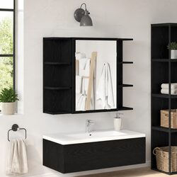 Bathroom Mirror Cabinet Wall-Mounted Storage Vanity Unit Black Oak 80cm