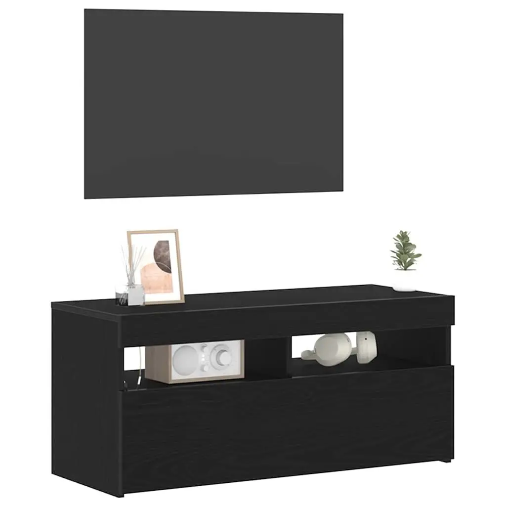 TV Cabinet LED Lights Modern Living Room Storage Unit 90 x 35 x 40 cm Black Oak