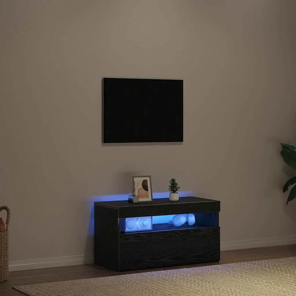 TV Cabinet Media Storage Unit LED Lighting 75x35x40cm Black Oak