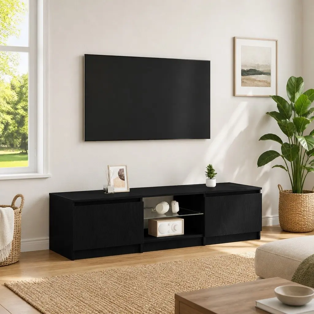 TV Cabinet Media Storage Unit Black Oak Modern 140 x 38.5 x 36 cm with LED Lights and Shelves