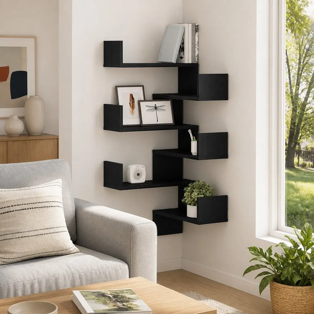 Wall Shelf 2 Pieces Black Oak Modern Storage Display Unit 40 x 40 x 49.5 cm