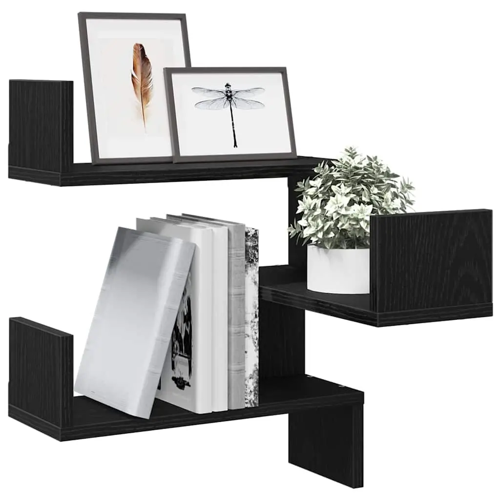 Wall Shelf 2 Pieces Black Oak Modern Storage Display Unit 40 x 40 x 49.5 cm