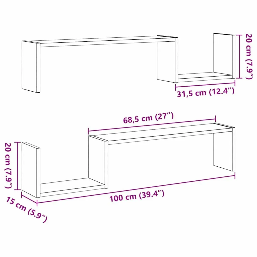 Wall Shelf Modern Storage Display 100 x 15 x 20 cm Black Oak 2 Pieces