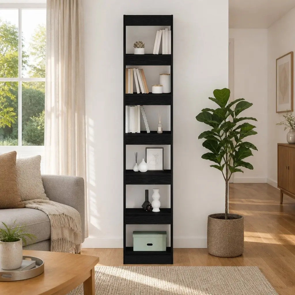 Book Cabinet Black Oak Engineered Wood Freestanding Shelving Unit Lounge Storage