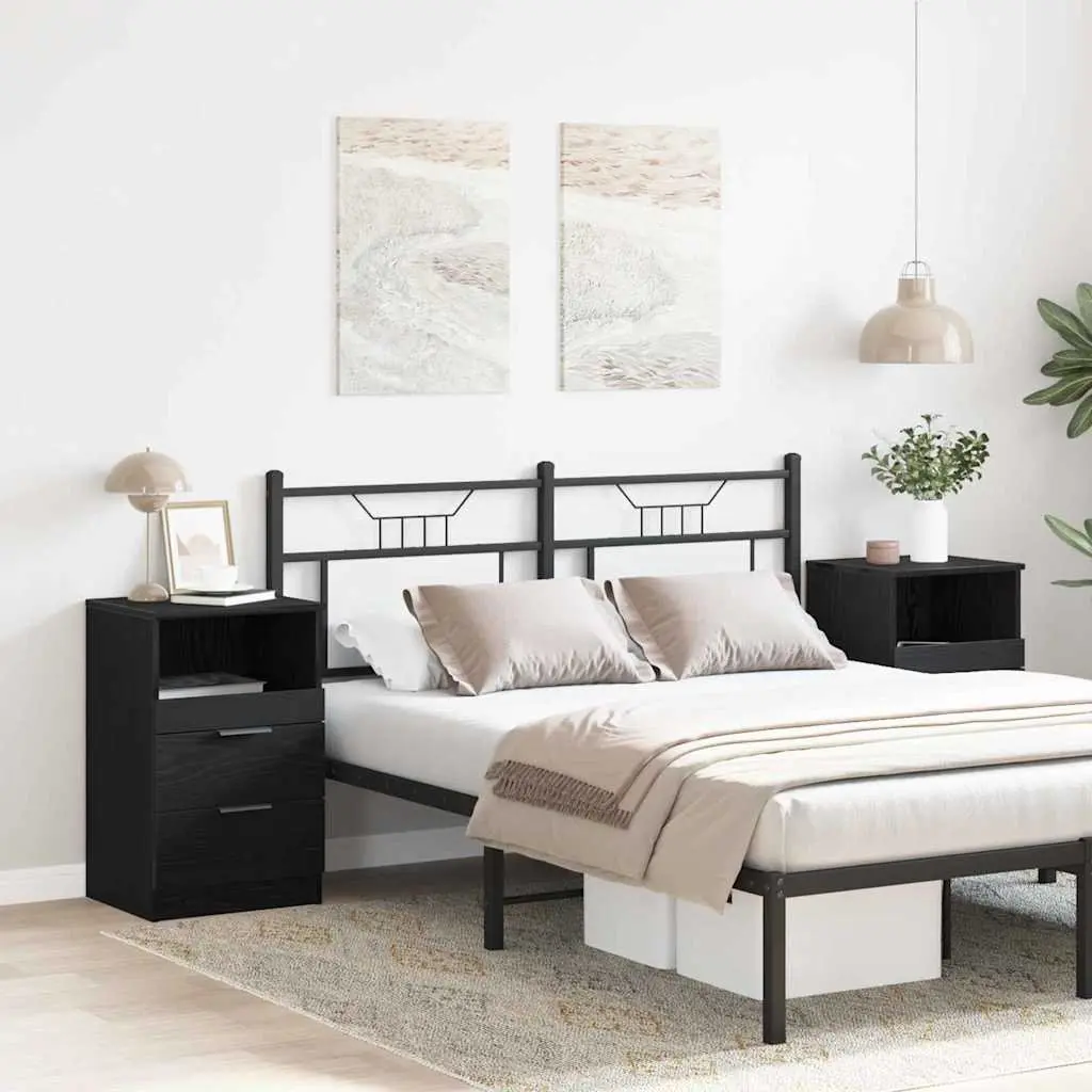 Bedside Cabinet 2 pcs Black Oak Engineered Wood Nightstand Bedroom Storage