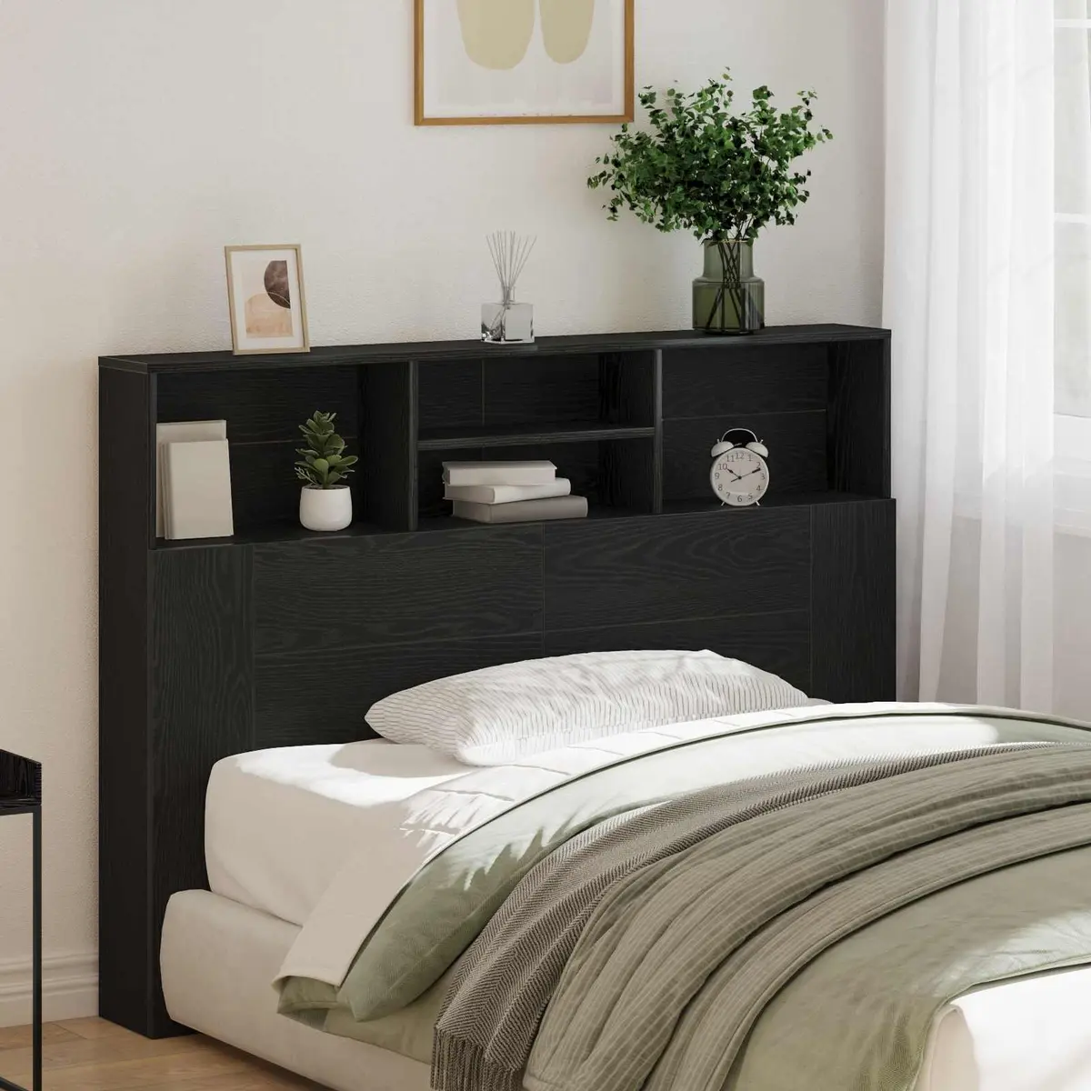Headboard Cabinet Wall-Mounted Storage Unit Modern Black Oak 140 x 19 x 103.5 cm