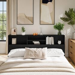 Warm and Functional Black Oak Headboard Cabinet