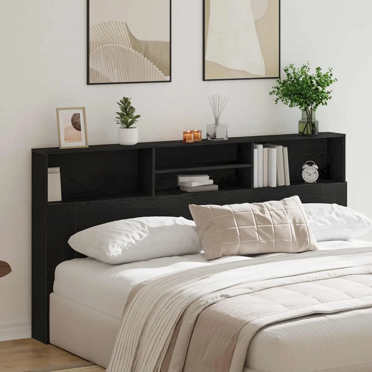 Wall-Mounted Headboard Cabinet in Black Oak