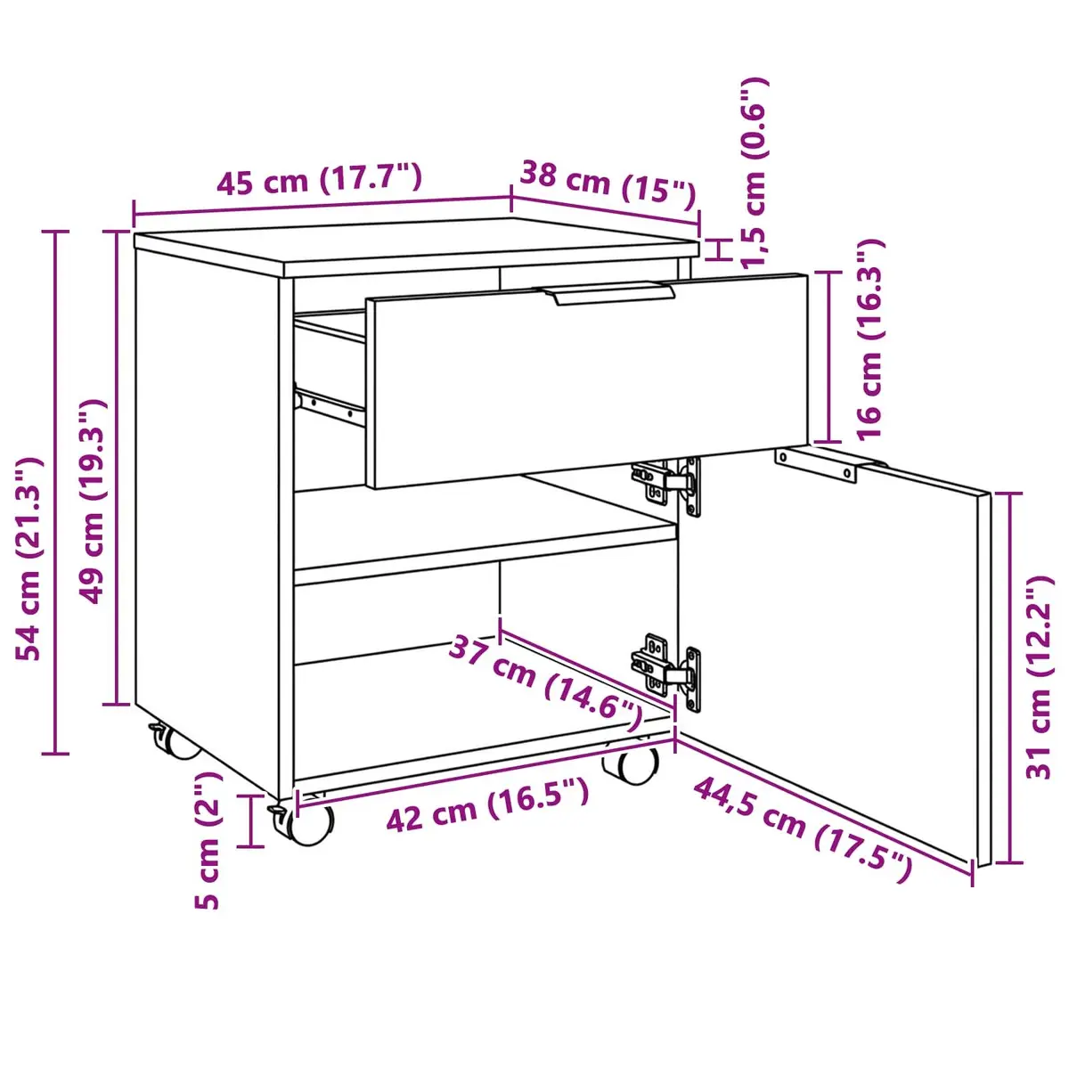 Rolling File Cabinet Storage Black Oak 45x38x54cm Home Office Organiser