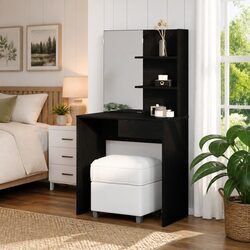 Welcoming Black Oak Vanity Table with Safe Acrylic Mirror