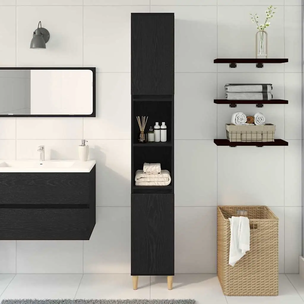 Bathroom Cabinet Storage Unit 30x30x190cm Black Oak Engineered Wood Tall