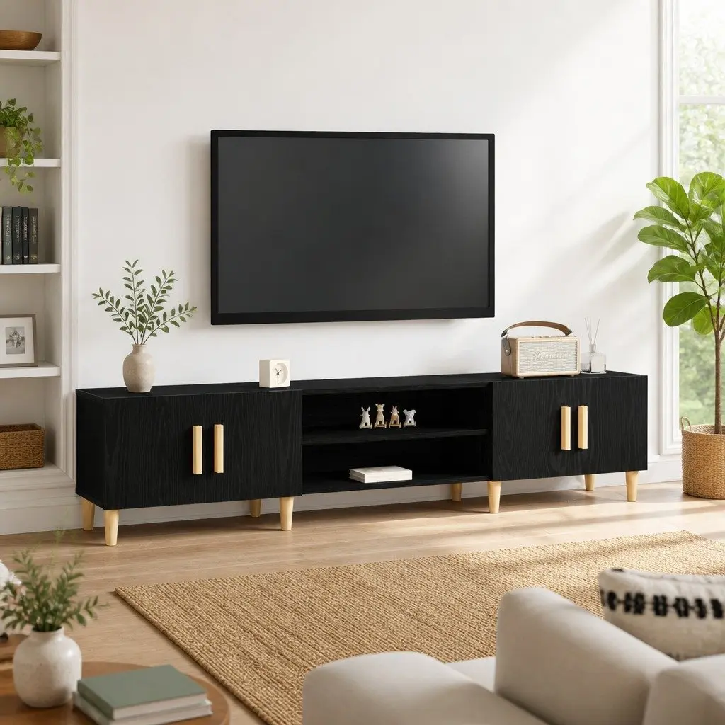 TV Cabinet Black Engineered Wood Living Room Storage Unit 180cm Modern Furniture
