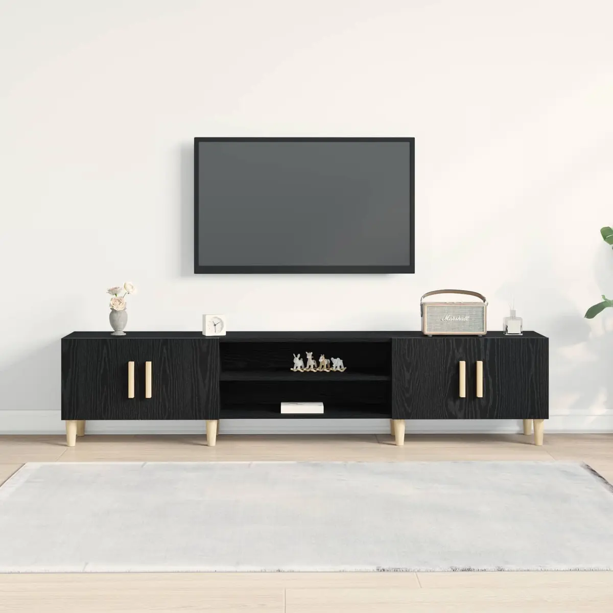 TV Cabinet Black Engineered Wood Living Room Storage Unit 180cm Modern Furniture