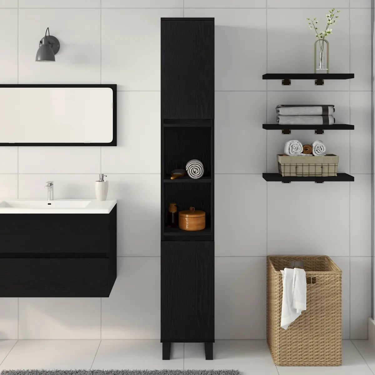 Bathroom Vanity Cabinet Black Engineered Wood Modern Storage Unit 30x30x190cm