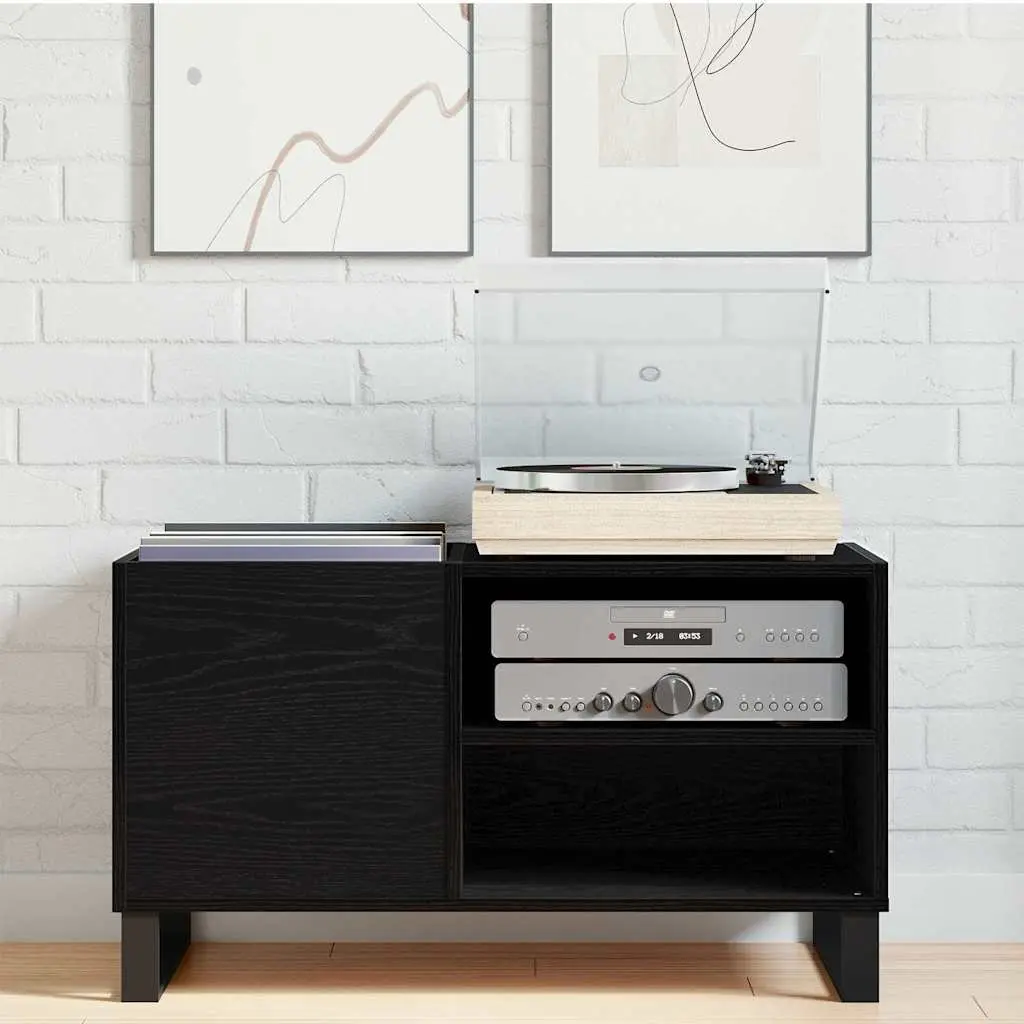 Media Storage Cabinet Black Oak Modern Engineered Wood Office Living Room