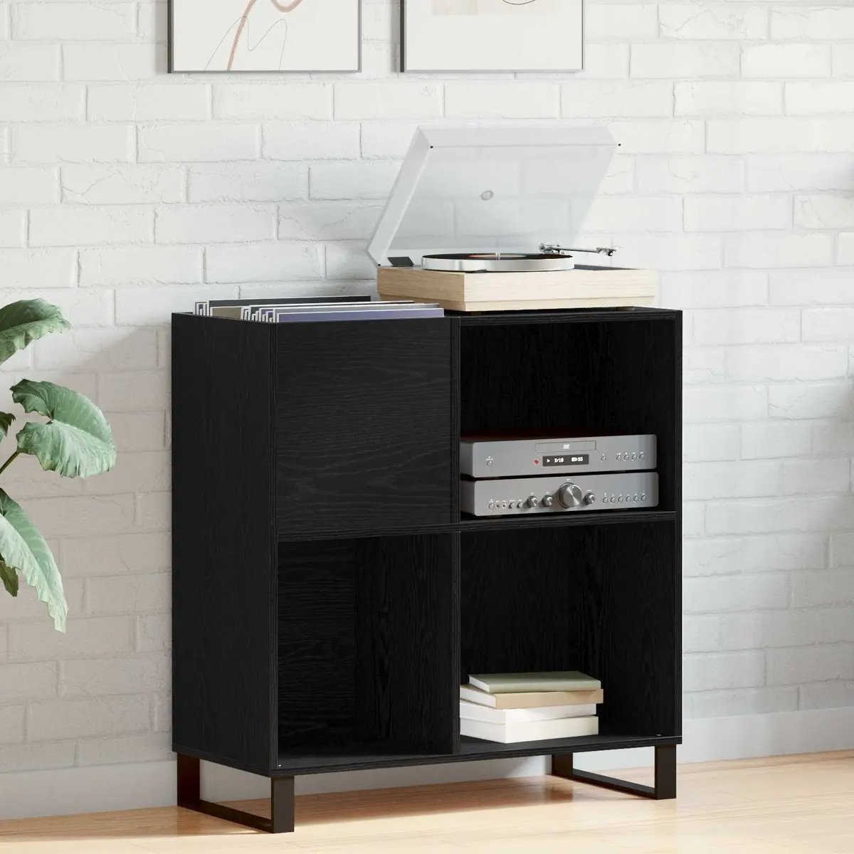 Record Cabinet Media Storage Shelving Unit Black Oak Living Room Display