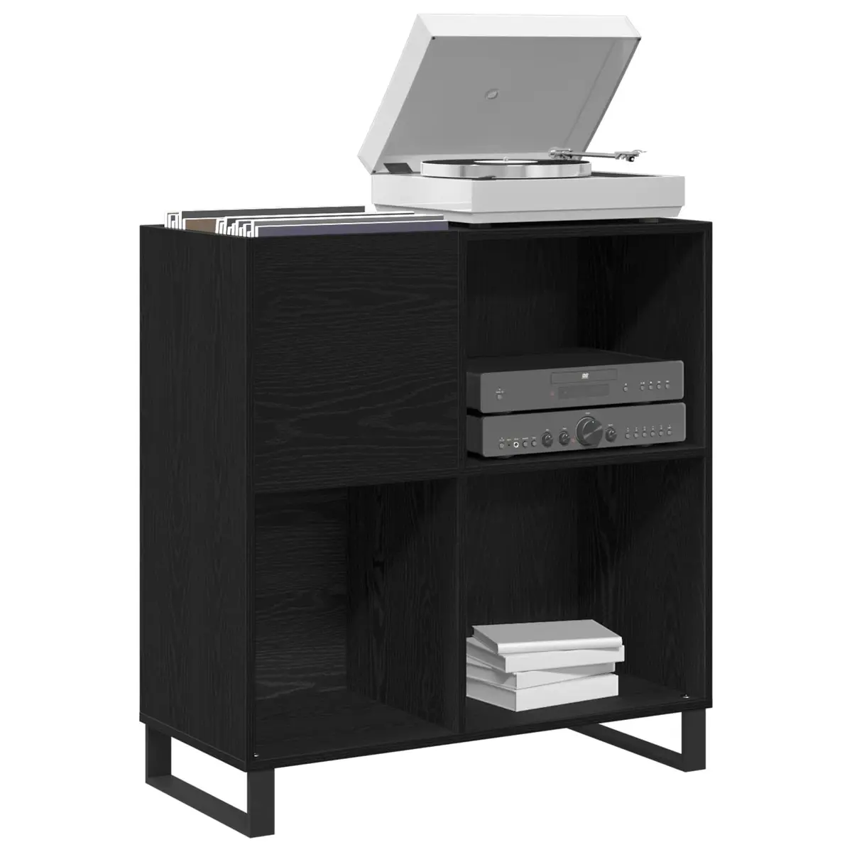 Record Cabinet Media Storage Unit Black Oak 85 x 38 x 89 cm