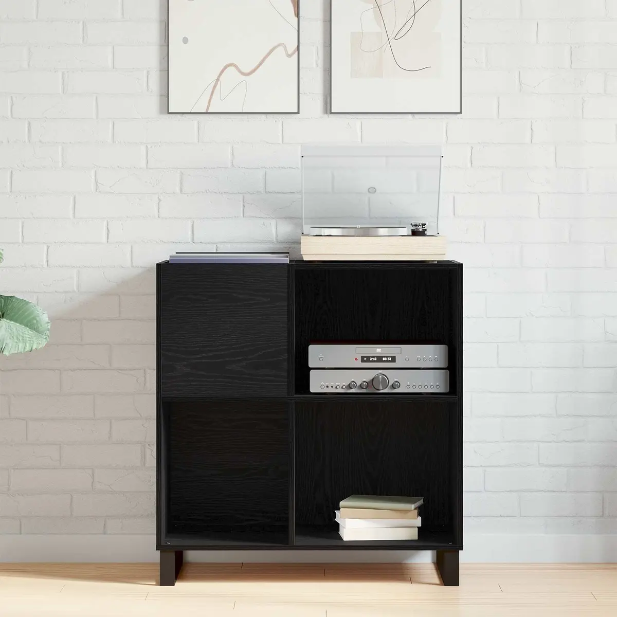 Record Cabinet Media Storage Unit Black Oak 85 x 38 x 89 cm