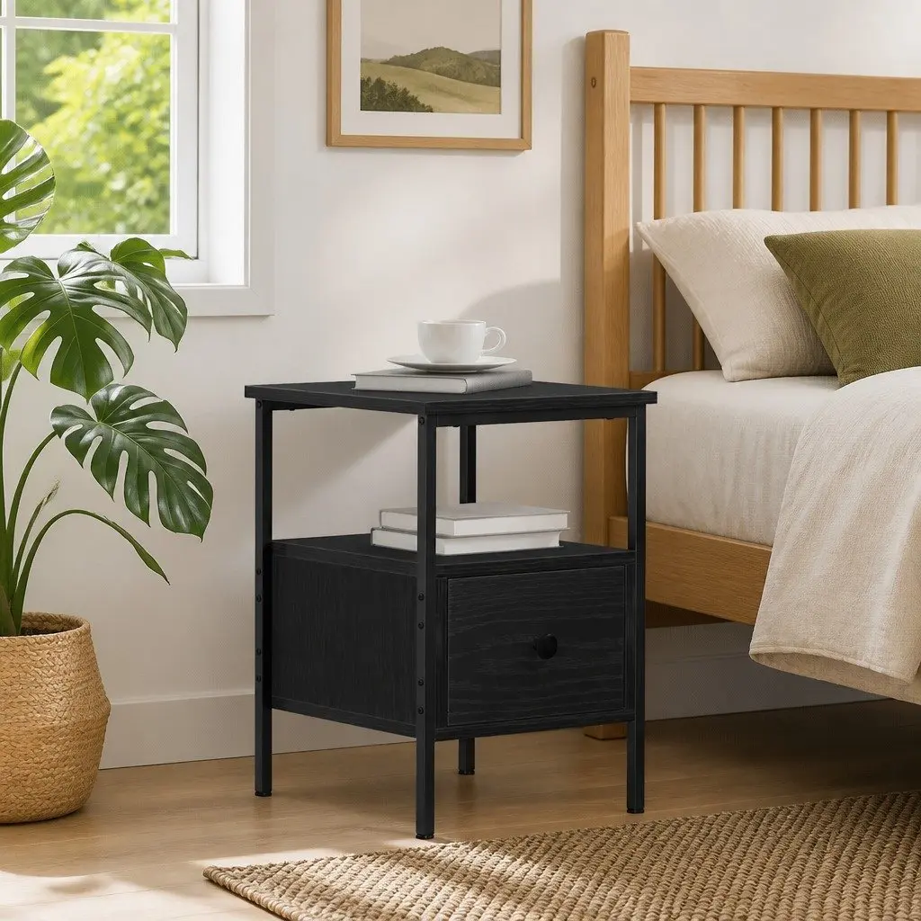 Bedside Cabinet Black Engineered Wood Storage Drawer Shelf 34x36x50cm
