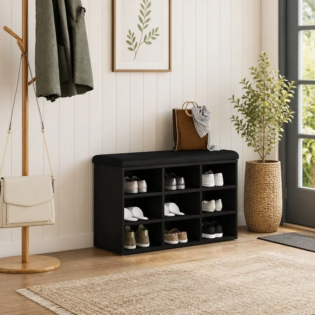 Shoe Bench with Storage Shelf Black Modern Entryway Seating Engineered Wood