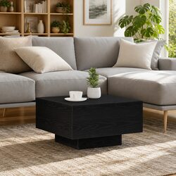 Reliable Black Oak Coffee Table with LED Strip Lighting 55x55x31cm