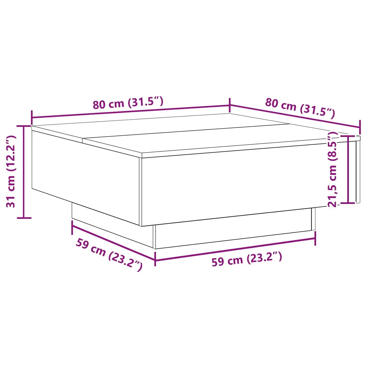 Coffee Table Black Oak 80x80x31cm LED Lights Modern Living Room Accent Lounge