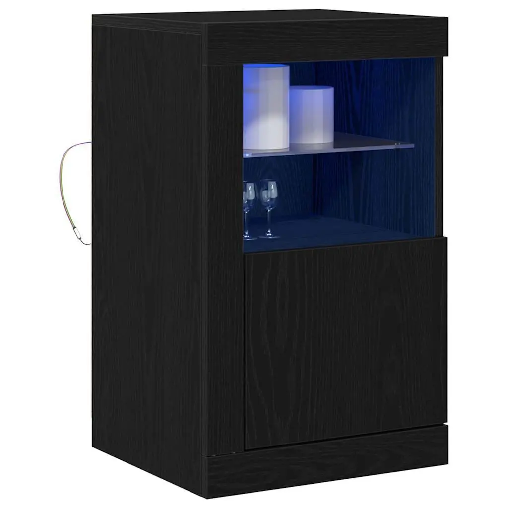 LED Sideboard Storage Cabinet Black Oak Modern Design Glass Board Shelves