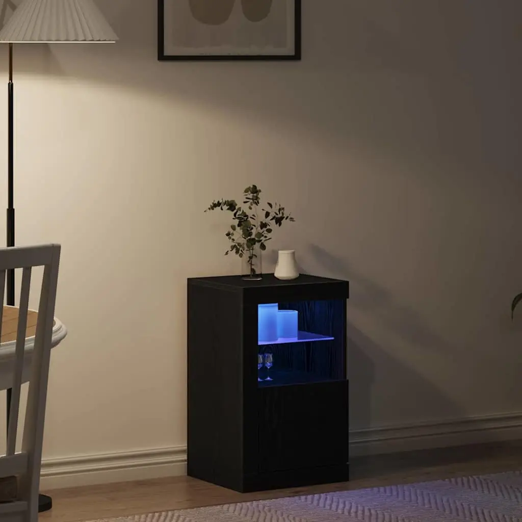 LED Sideboard Storage Cabinet Black Oak Modern Design Glass Board Shelves