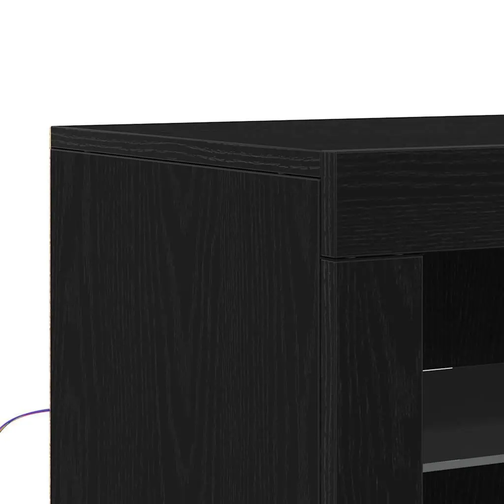 LED Sideboard Storage Cabinet Black Oak Modern Design Glass Board Shelves