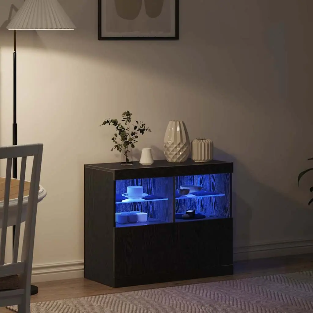 LED Sideboard Storage Cabinet Black Engineered Wood Sliding Doors 81x37x66.5 cm