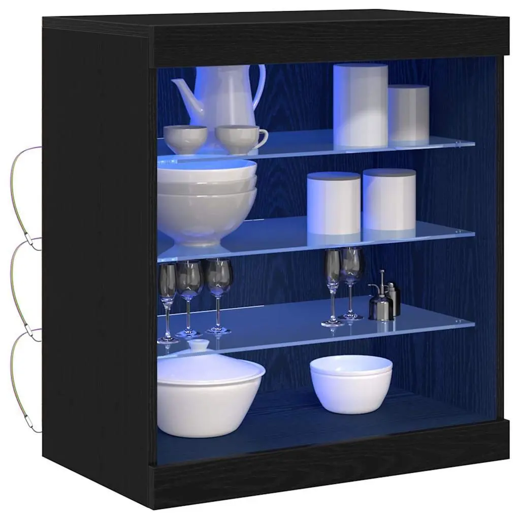 Sideboard Modern Storage Cabinet RGB LED Lighting Glass Shelves Black Oak 60.5 x 37 x 67 cm