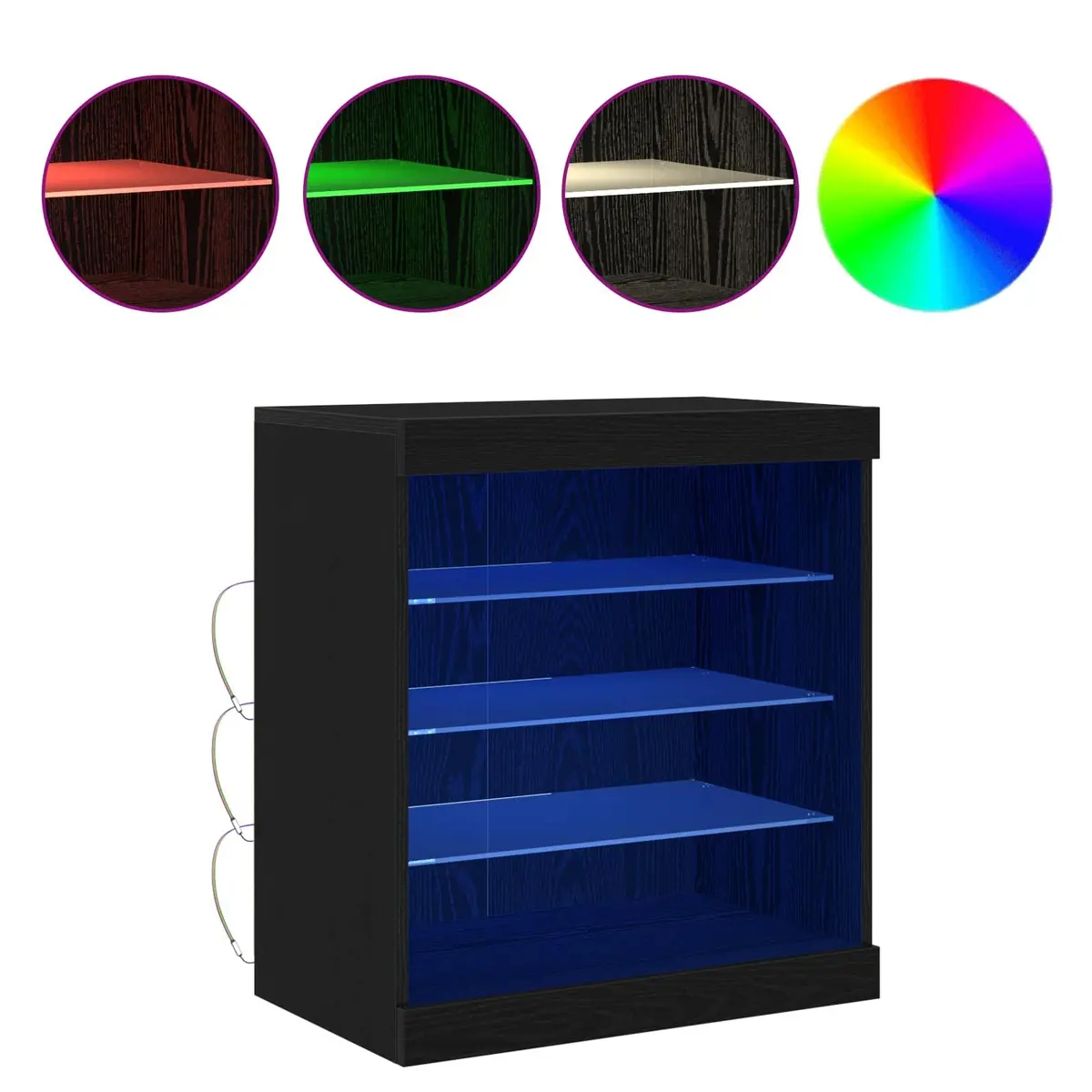 Sideboard Modern Storage Cabinet RGB LED Lighting Glass Shelves Black Oak 60.5 x 37 x 67 cm