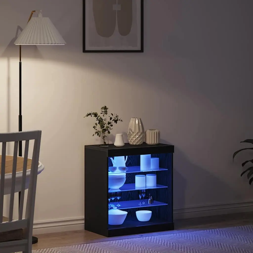 Sideboard Modern Storage Cabinet RGB LED Lighting Glass Shelves Black Oak 60.5 x 37 x 67 cm