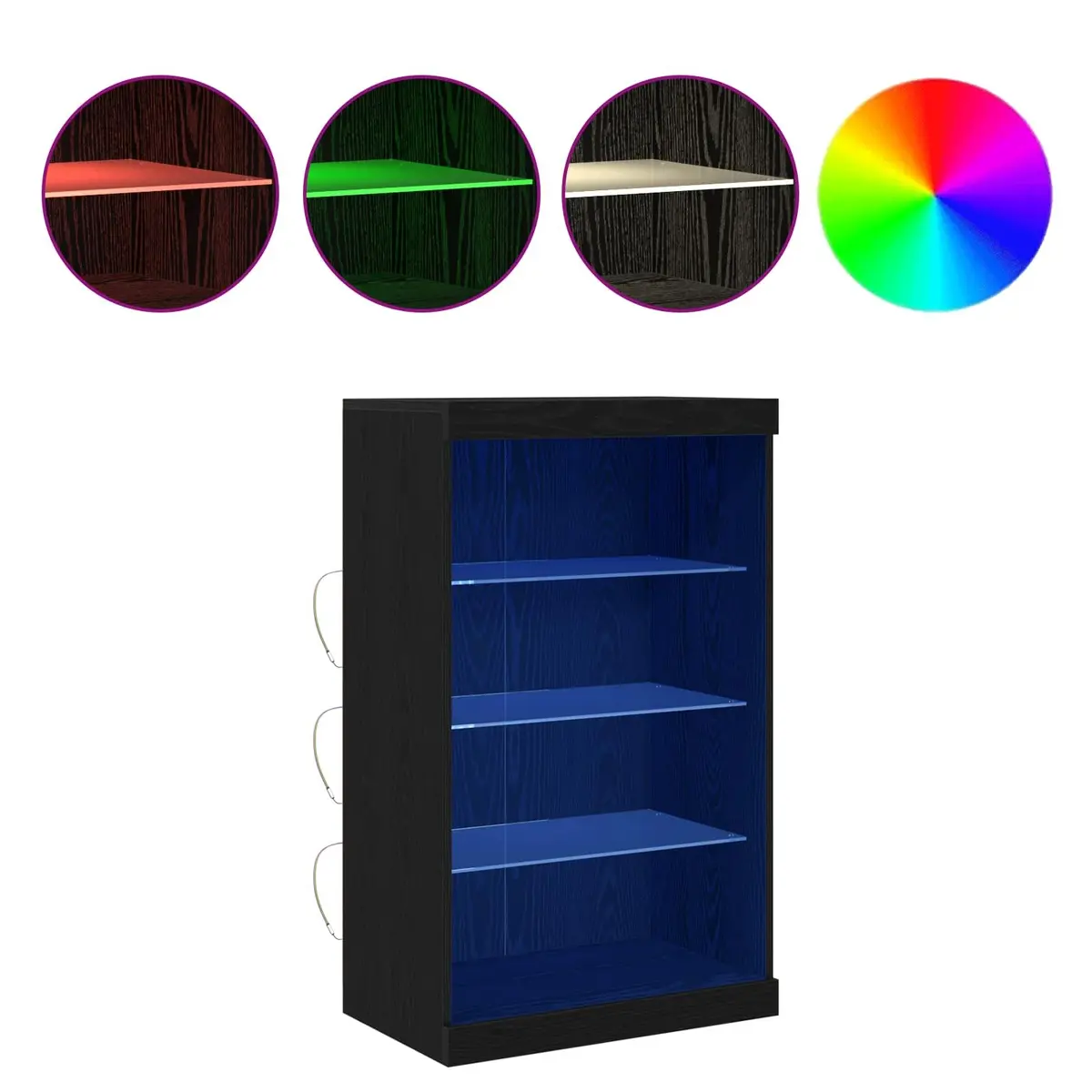 LED Sideboard Black Oak Storage Cabinet with Glass Shelves Modern Dining Living