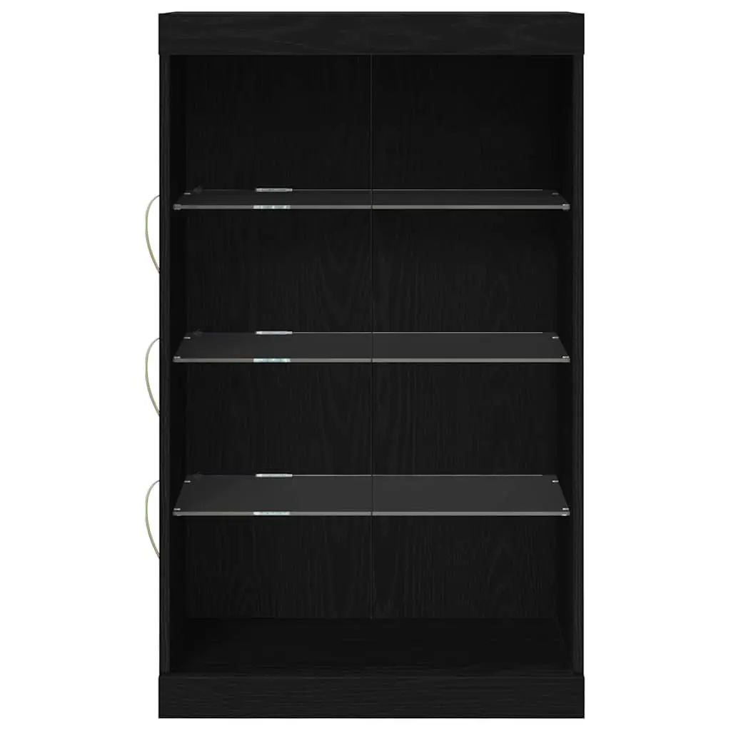 LED Sideboard Black Oak Storage Cabinet with Glass Shelves Modern Dining Living