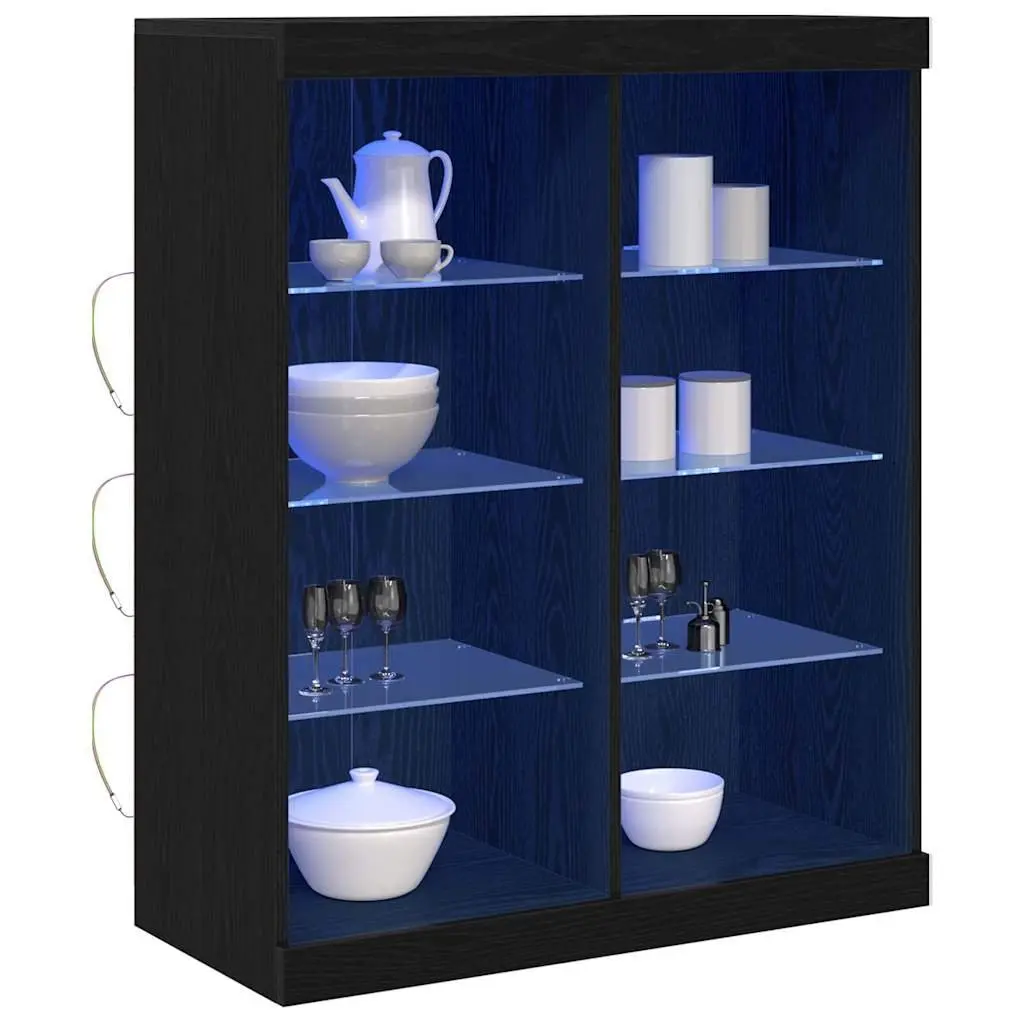 LED Sideboard Black Oak Modern Dining Living Room Storage Cabinet Glass Shelves