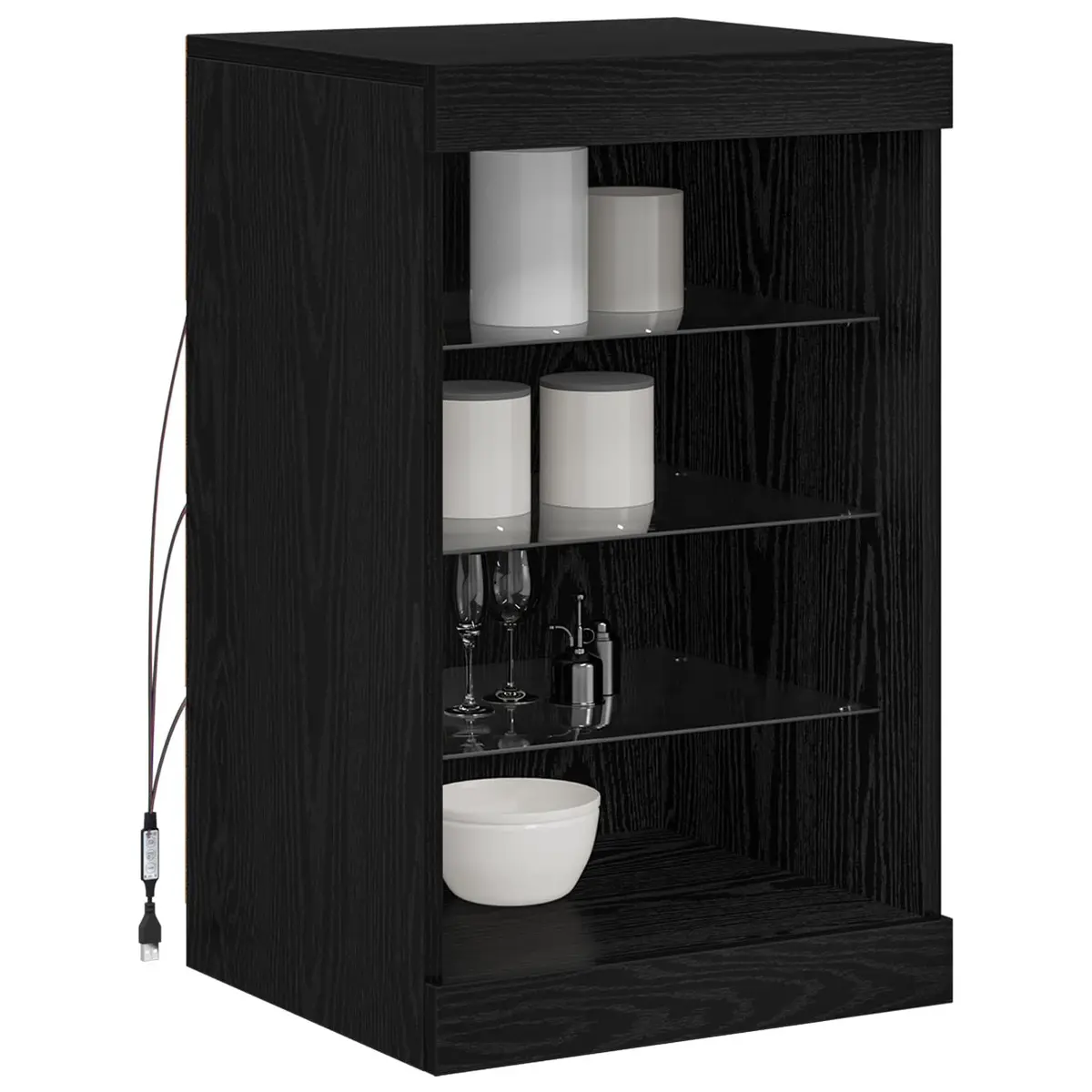 LED Sideboard Black Oak Modern Storage Cabinet Glass Shelves RGB Lighting Dining