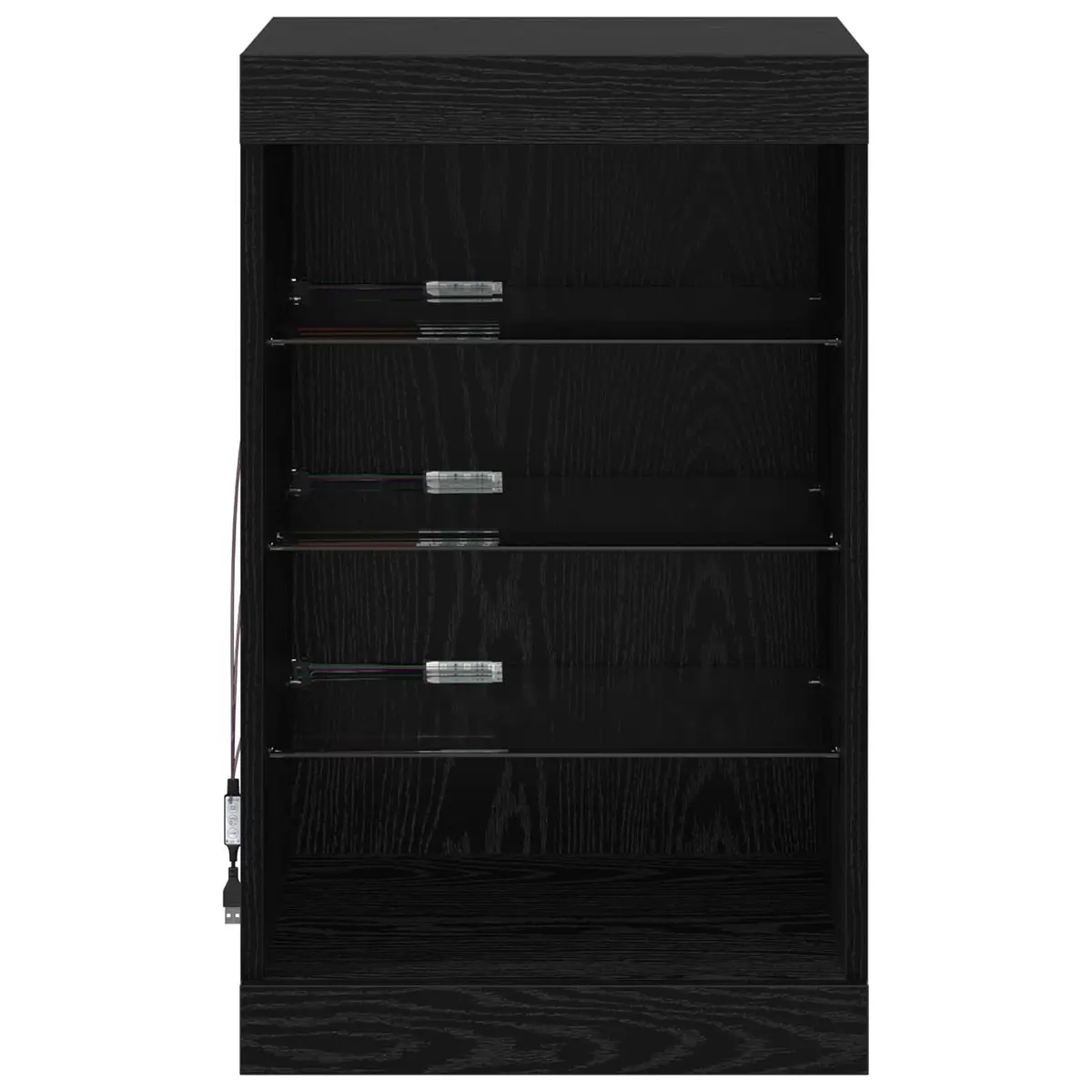 LED Sideboard Black Oak Modern Storage Cabinet Glass Shelves RGB Lighting Dining