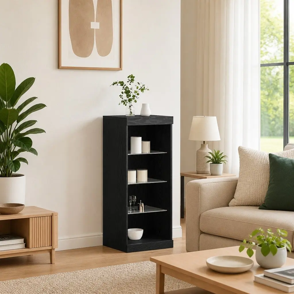 LED Sideboard Storage Cabinet RGB Lighting Black Oak Engineered Wood with Drawers and Glass Shelves