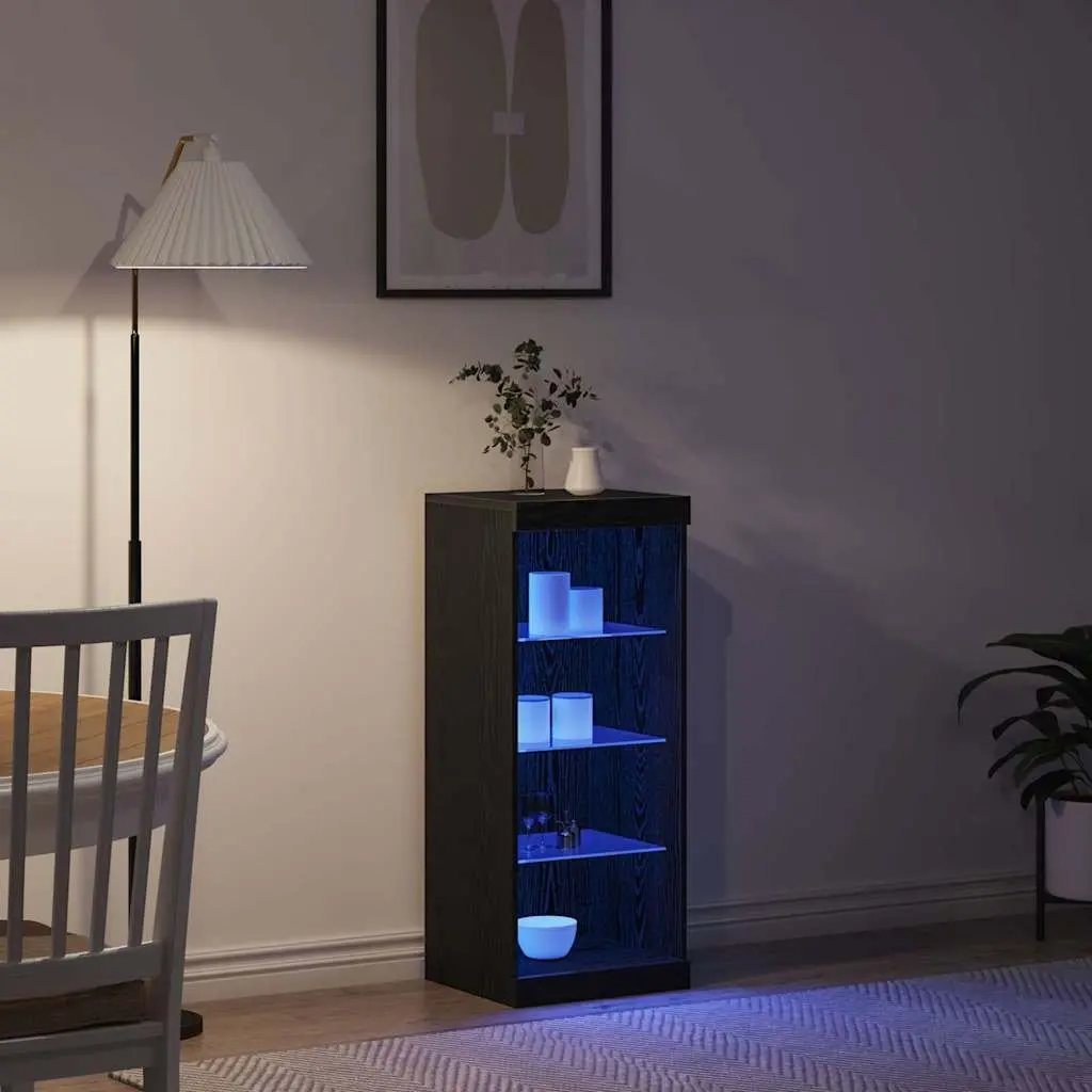 LED Sideboard Storage Cabinet RGB Lighting Black Oak Engineered Wood with Drawers and Glass Shelves