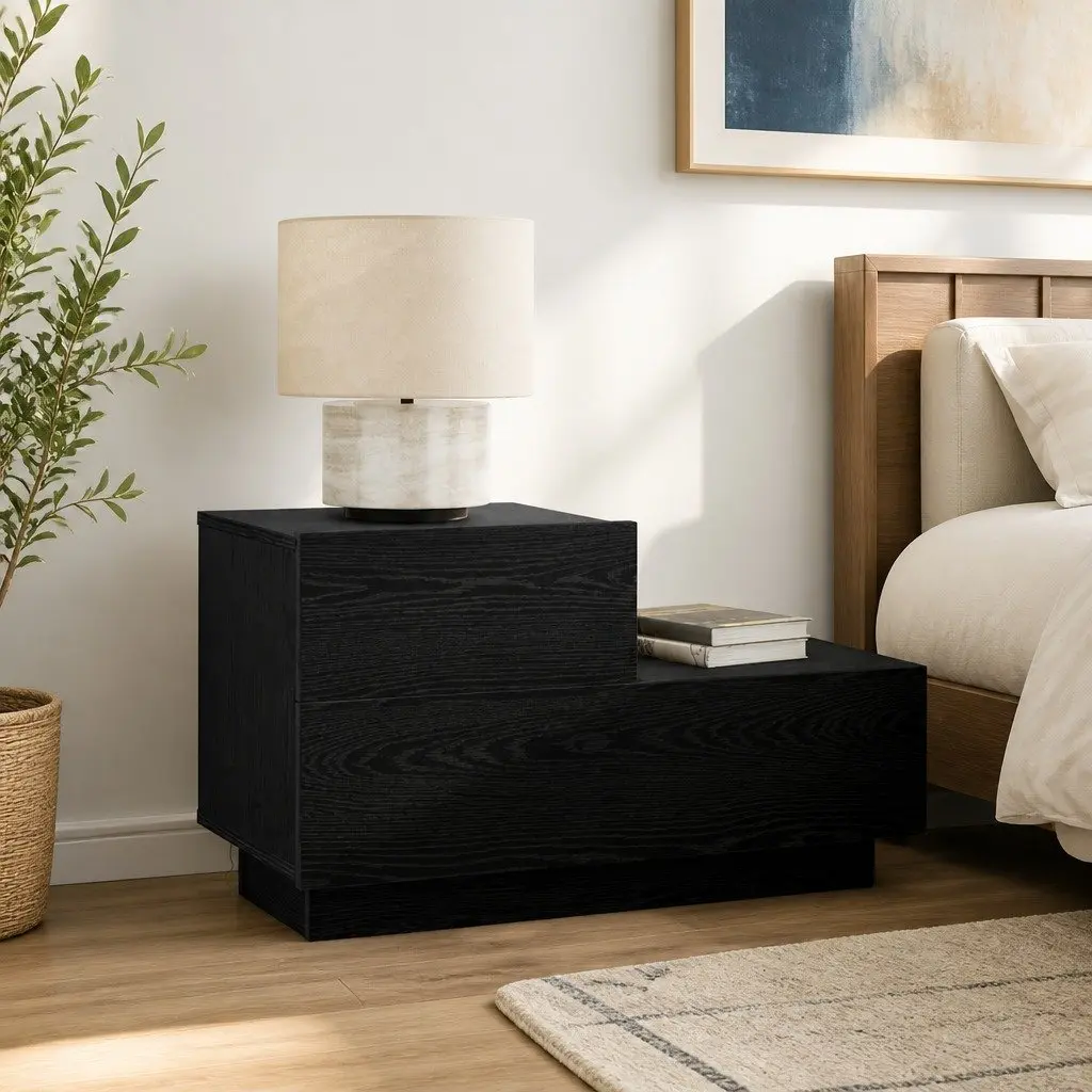 Black Oak Bedside Cabinet with LED Lighting