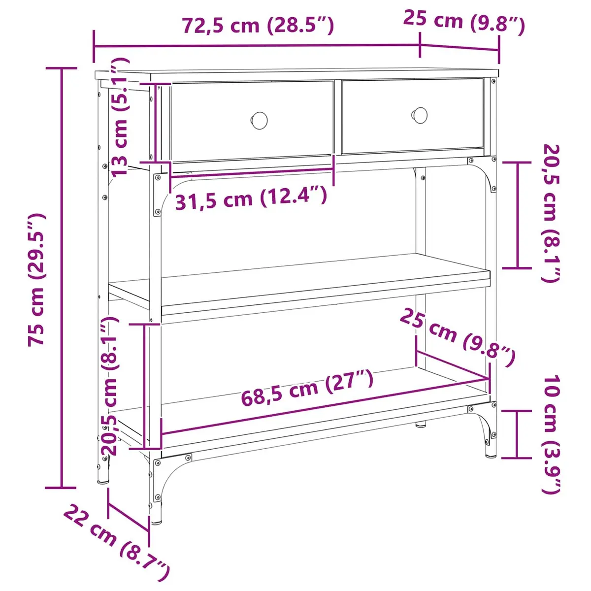 Console Table Industrial Style Storage Black Engineered Wood Steel Frame 72.5x25x75cm