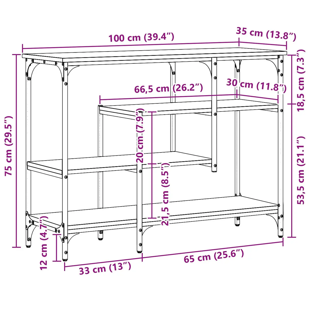 Console Table Black 100x35x75cm Industrial Shelf Storage Hallway Display
