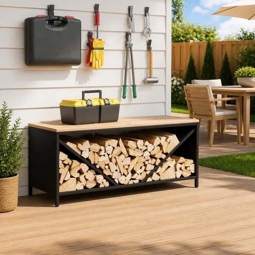 Firewood Rack Log Storage Holder 100.5x35.5x40cm Black Steel with Wooden Top