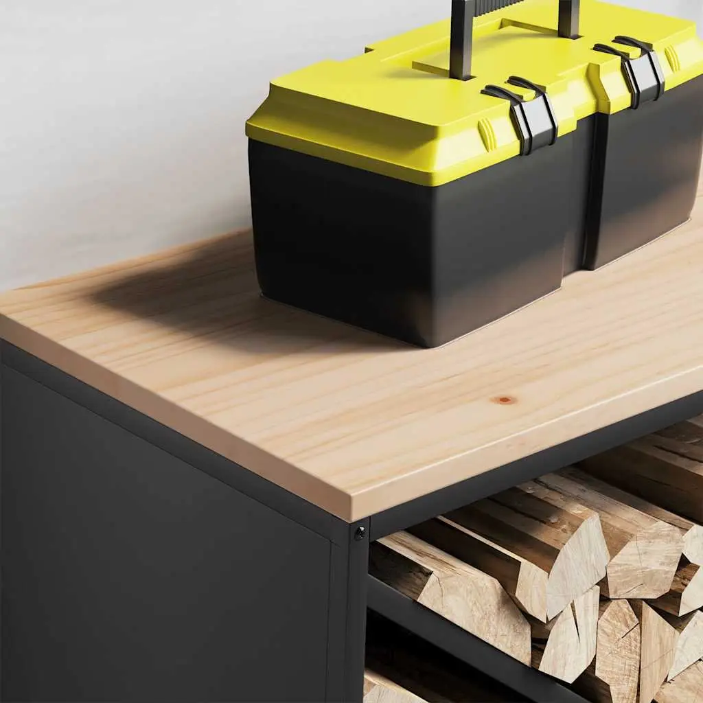Firewood Rack Log Storage Holder 100.5x35.5x40cm Black Steel with Wooden Top