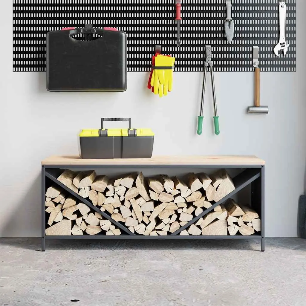 Log Rack Firewood Storage Holder Anthracite Steel Wooden Top 100.5 x 35.5 x 40 cm