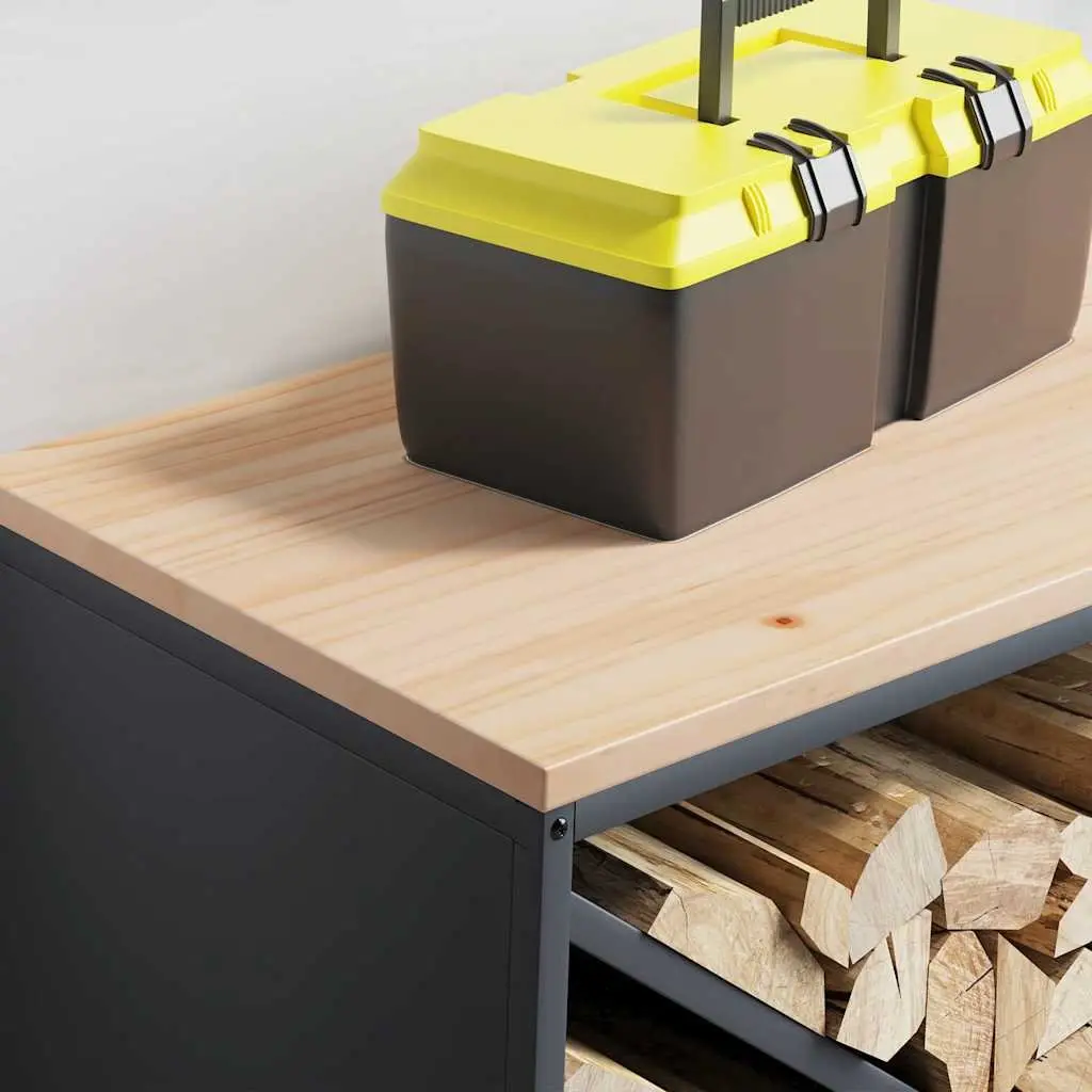 Log Rack Firewood Storage Holder Anthracite Steel Wooden Top 100.5 x 35.5 x 40 cm