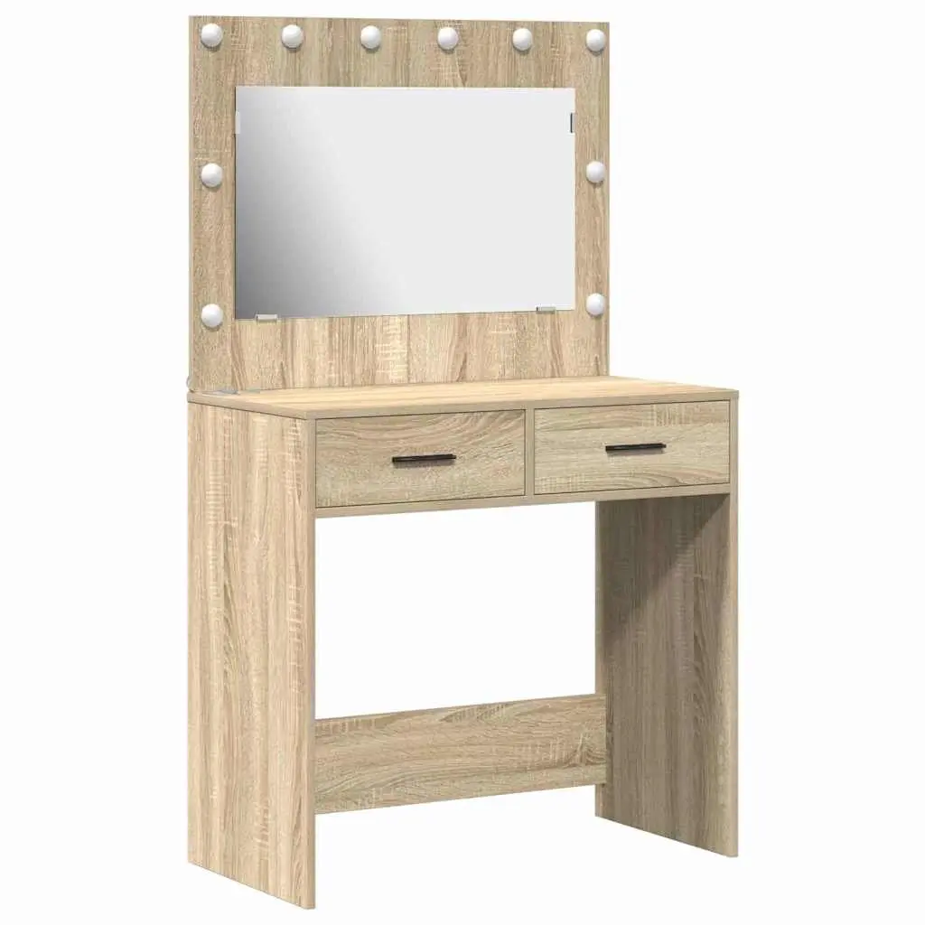 Brown Dressing Table with Storage and LED Lights