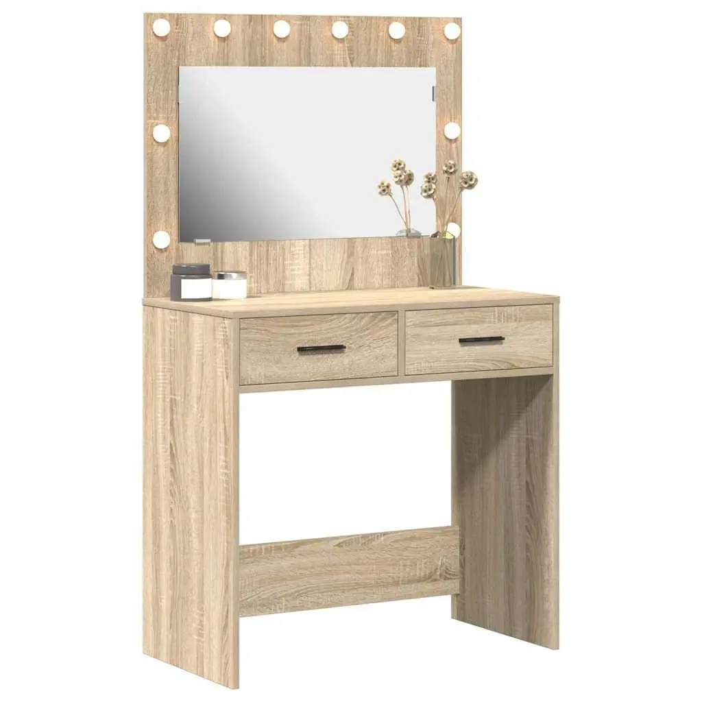 Brown Dressing Table with Storage and LED Lights