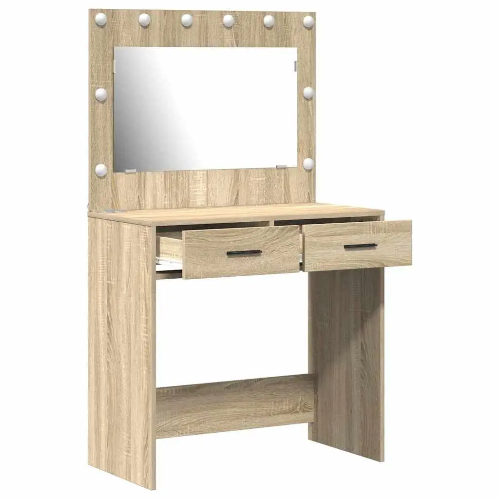 Brown Dressing Table with Storage and LED Lights